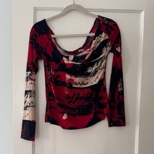 Necessary Objects Red and Black Abstract Long Sleeve Off The Shoulder Top